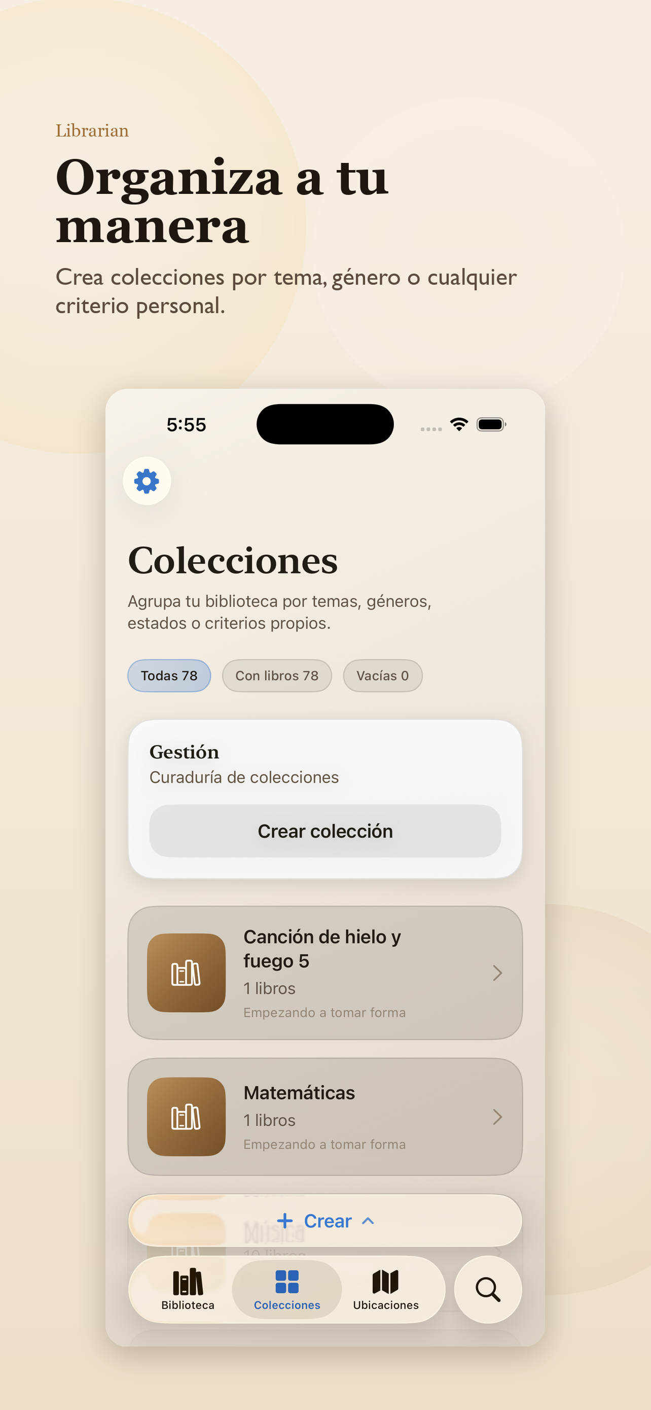 Vista de colecciones en Librarian